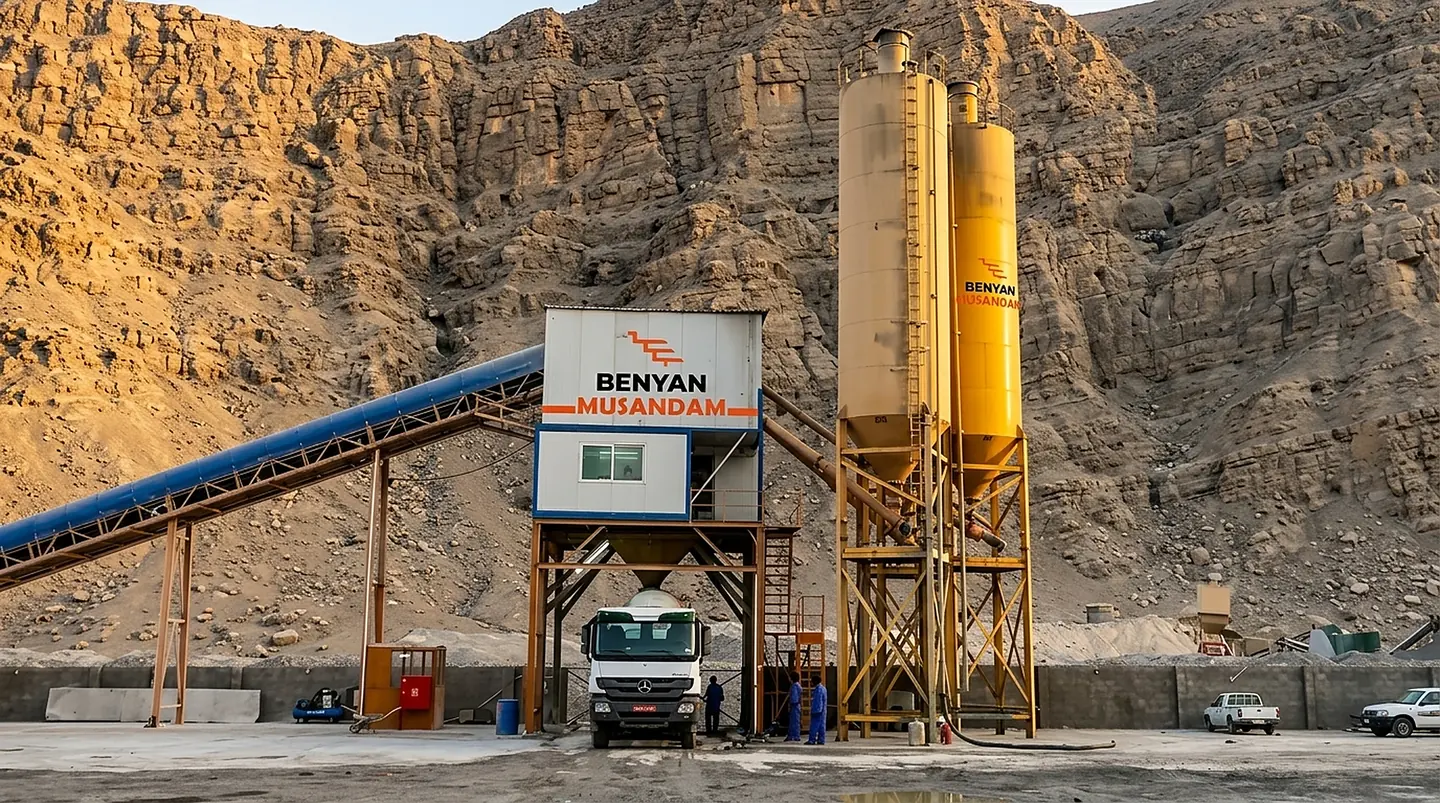 Benyan Musandam batching plant against the Musandam mountains