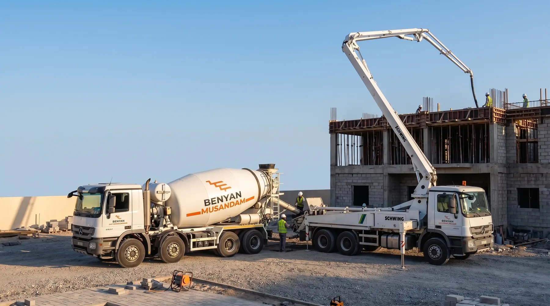 Benyan Musandam ready-mix concrete trucks pouring at a Musandam construction site
