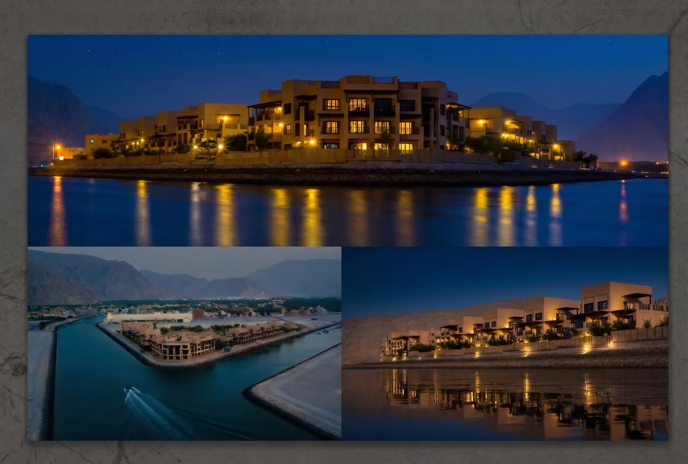 Atana Musandam Resort, Khasab: the waterfront at night, an aerial view of the marina, and the villas at dusk